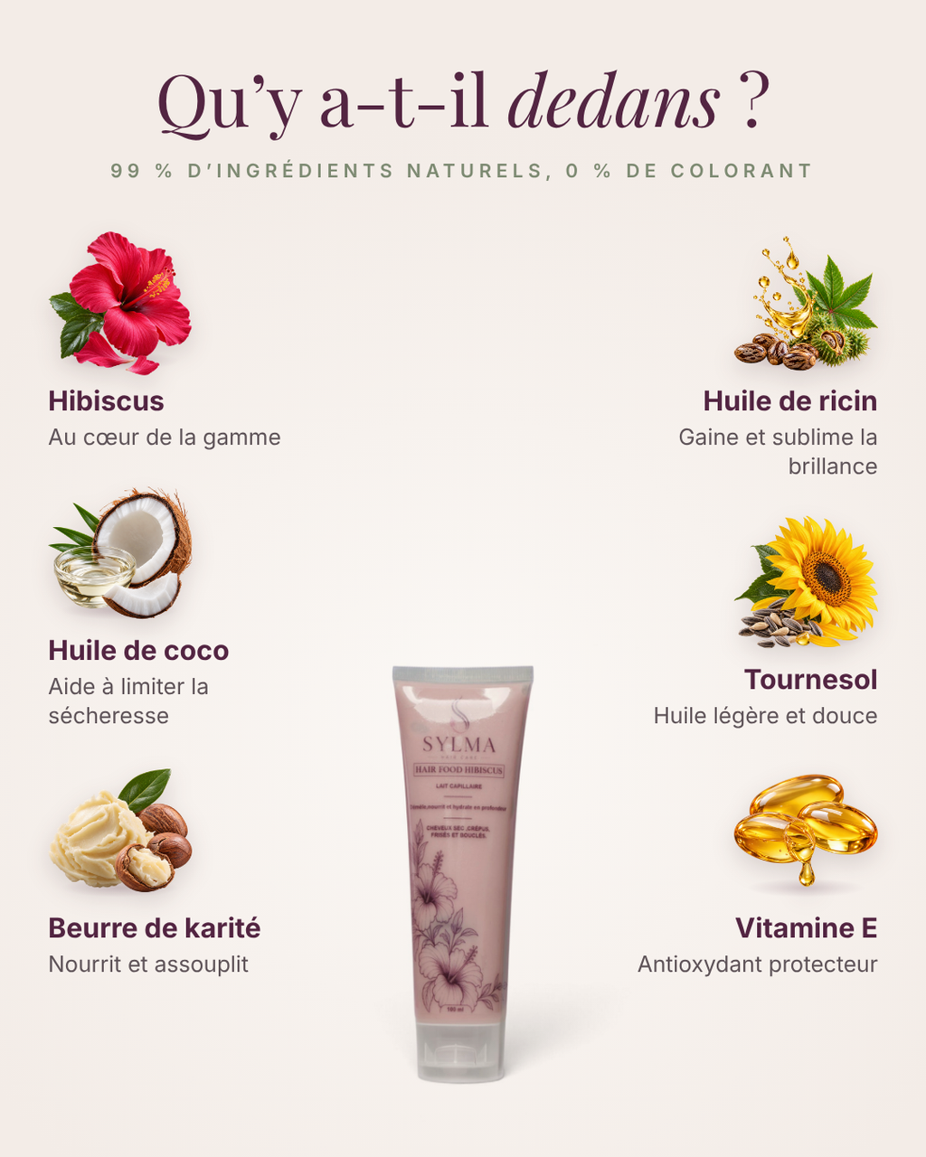 Ingrédients du lait capillaire Sylma : hibiscus, huile de coco, beurre de karité, huile de ricin, tournesol, vitamine E