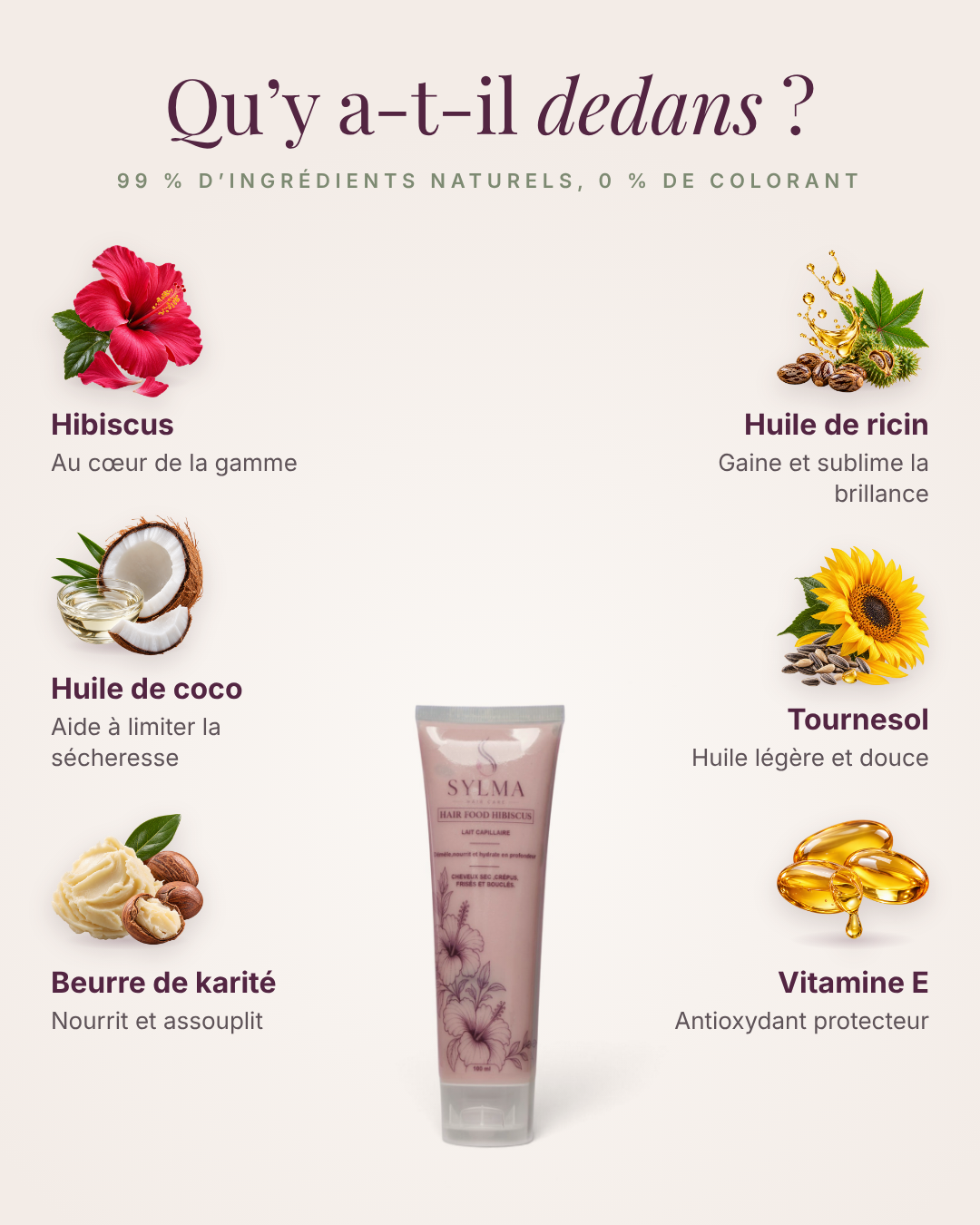Ingrédients du lait capillaire Sylma : hibiscus, huile de coco, beurre de karité, huile de ricin, tournesol, vitamine E